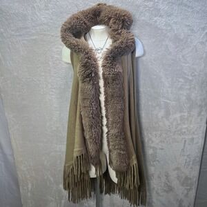 Northern Angel Hooded Faux Fur Trim Fringe Shawl Vest OS Cardigan Brown Grunge